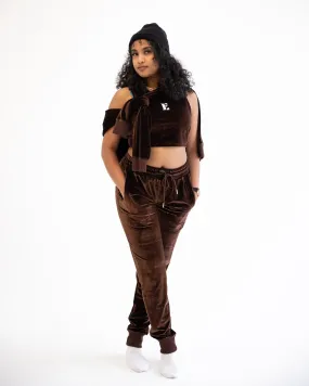 3 Piece Chocolate Brown Velvet Crop Top Hoodie and Jogger Set