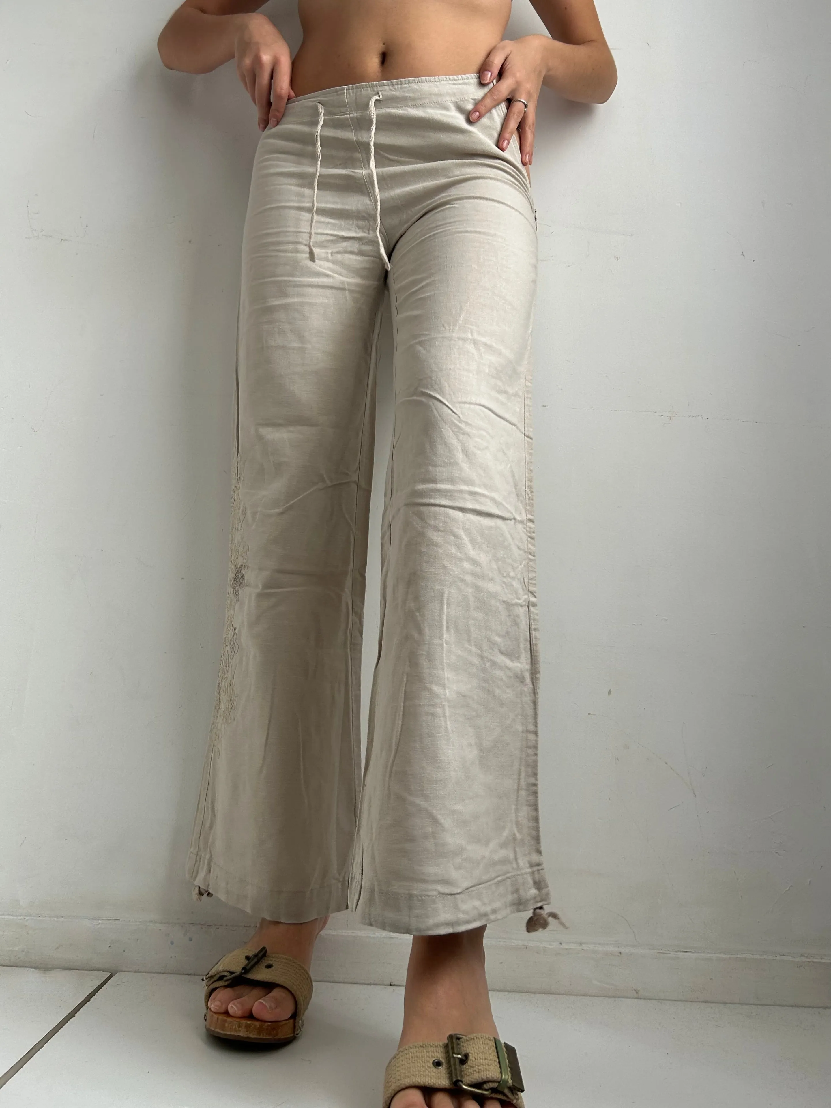 Beige baggy large low rise linen pants (XS)