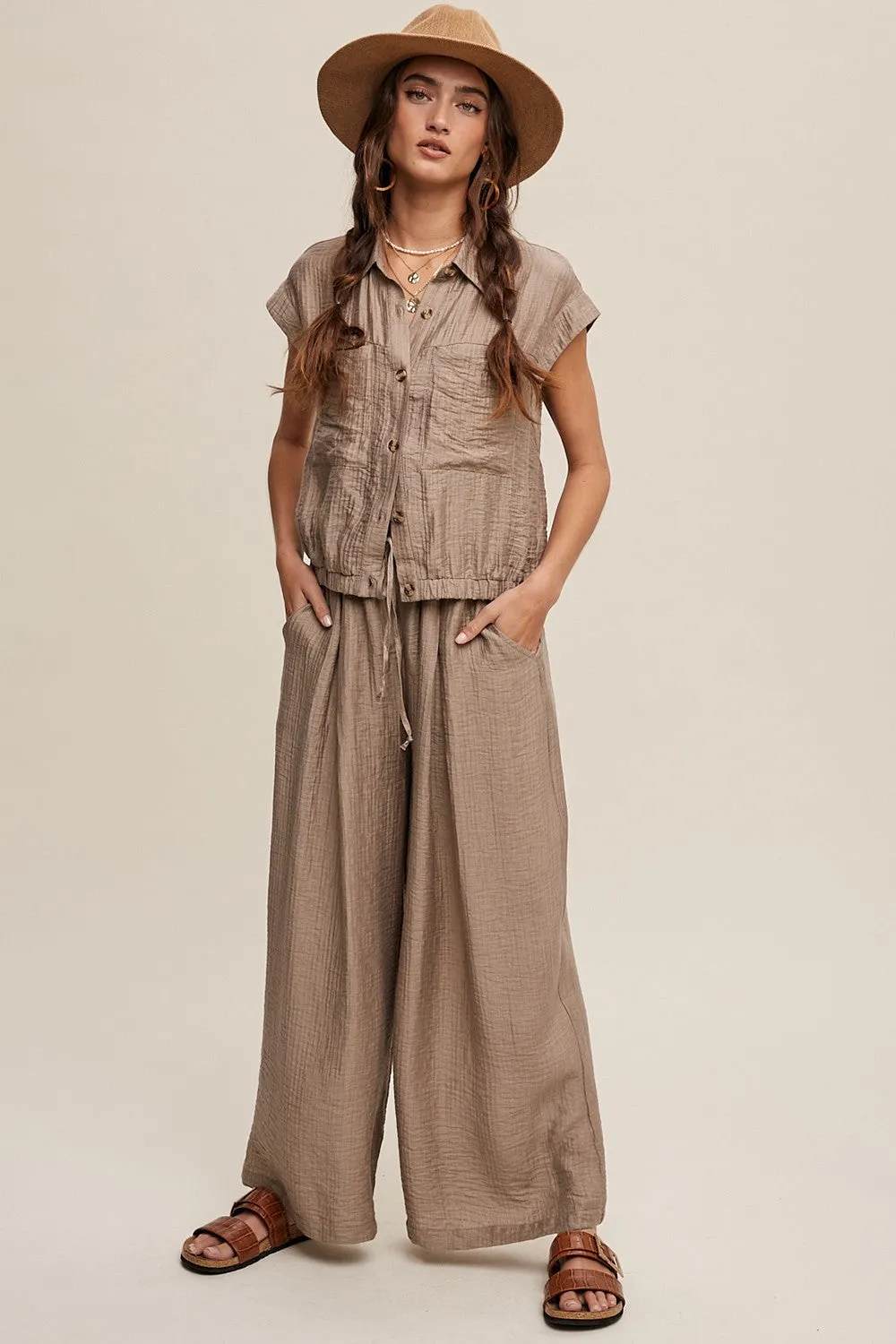 Bella Button Down Pleated Set in Tan