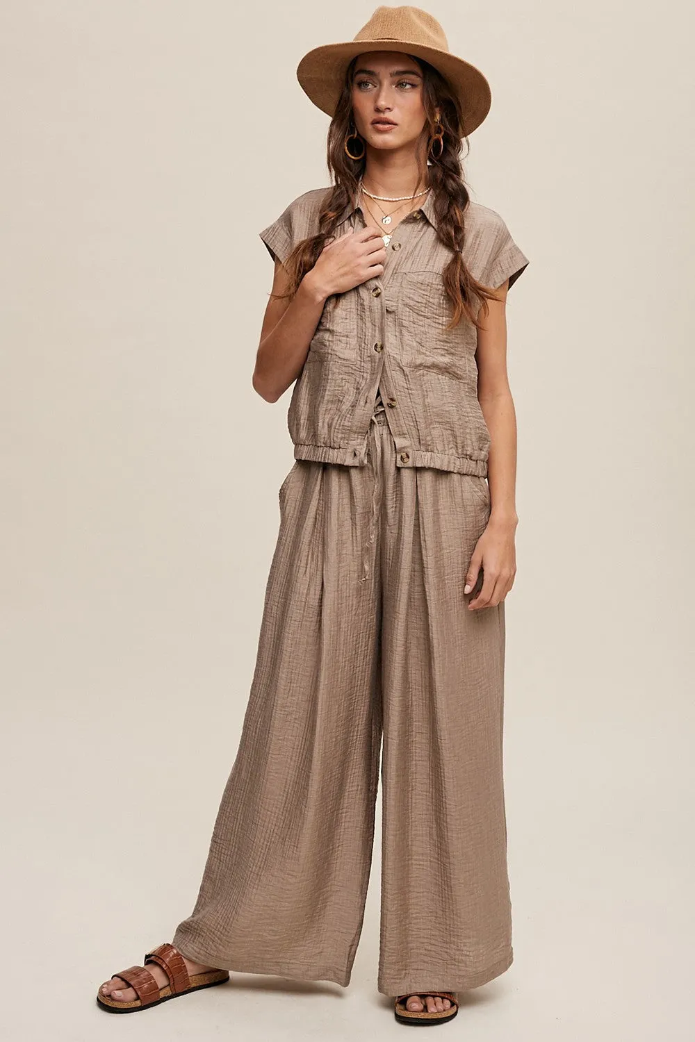 Bella Button Down Pleated Set in Tan