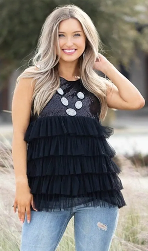 Black Sequin & Layered Tulle sleeveless top