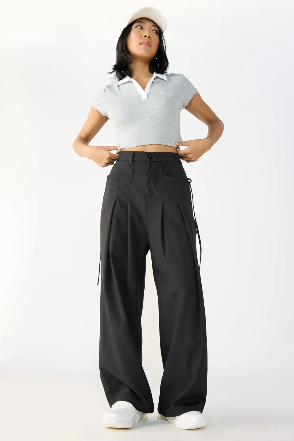 Black Wide Flat Pocket Korean Pants