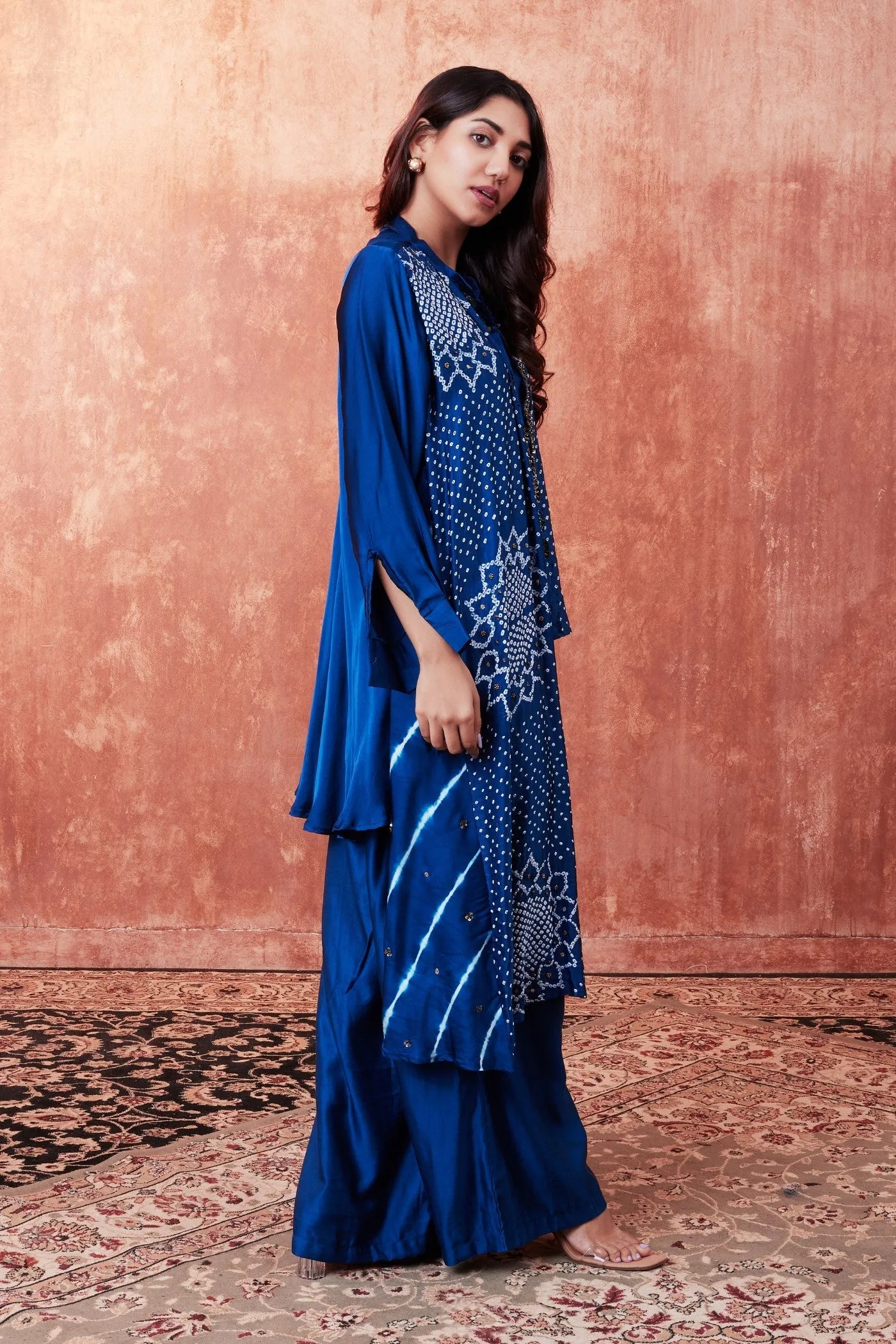 Blue Bandhej Printed Embellished Cape-Set