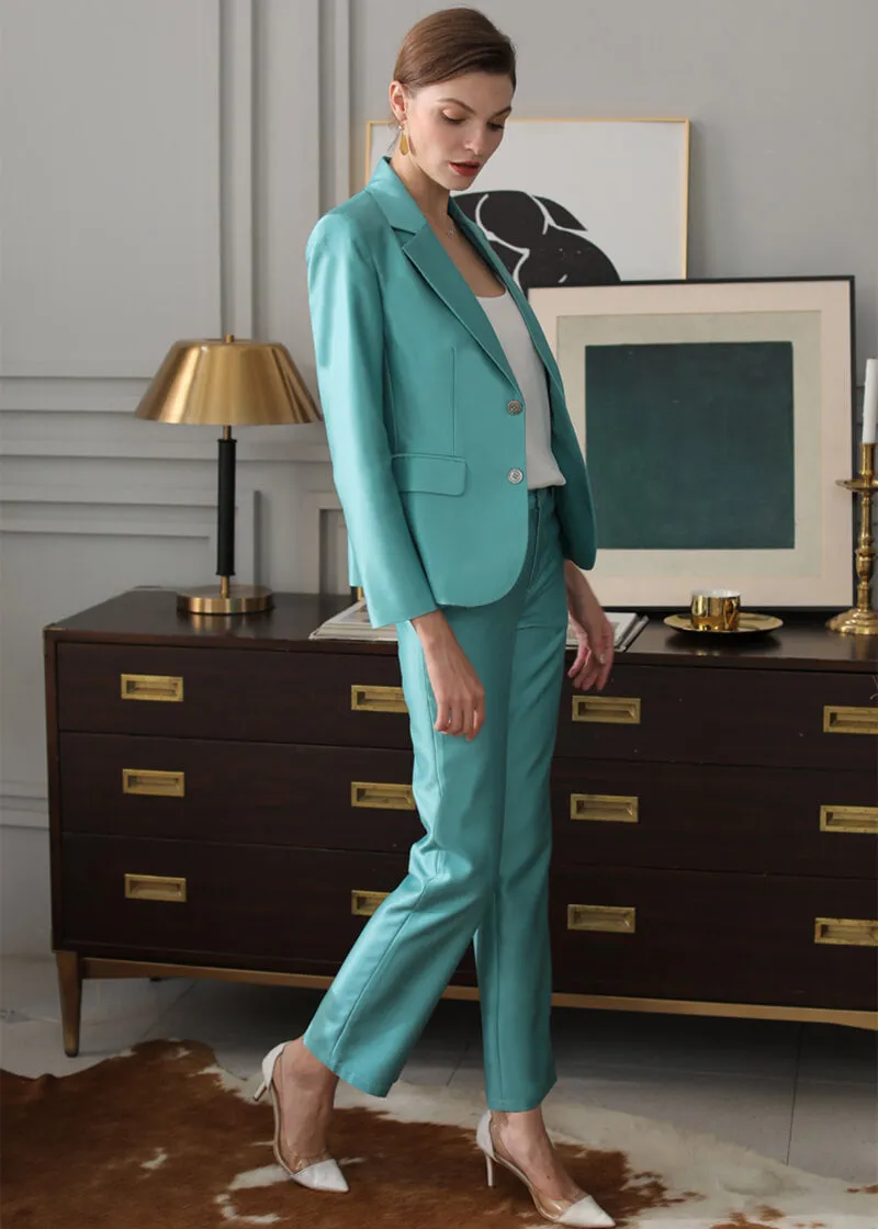 Chris Aqua Single Breasted Blazer & Straight Leg Pants Set