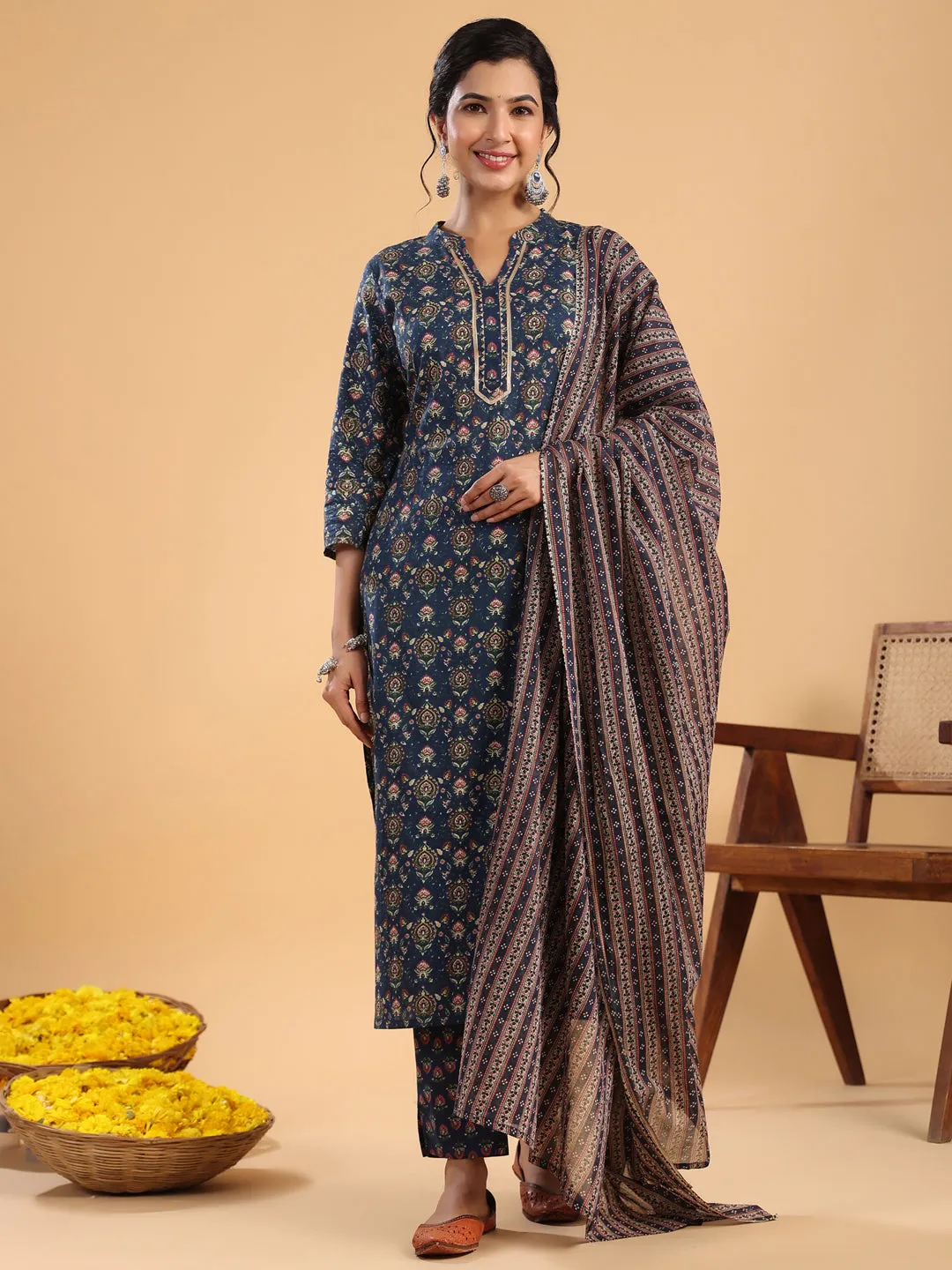 Dark Blue Cotton Ethnic Motifs Straight Kurta Set