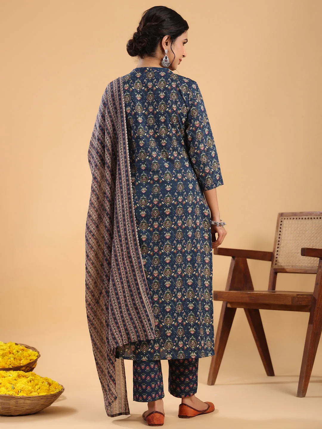 Dark Blue Cotton Ethnic Motifs Straight Kurta Set