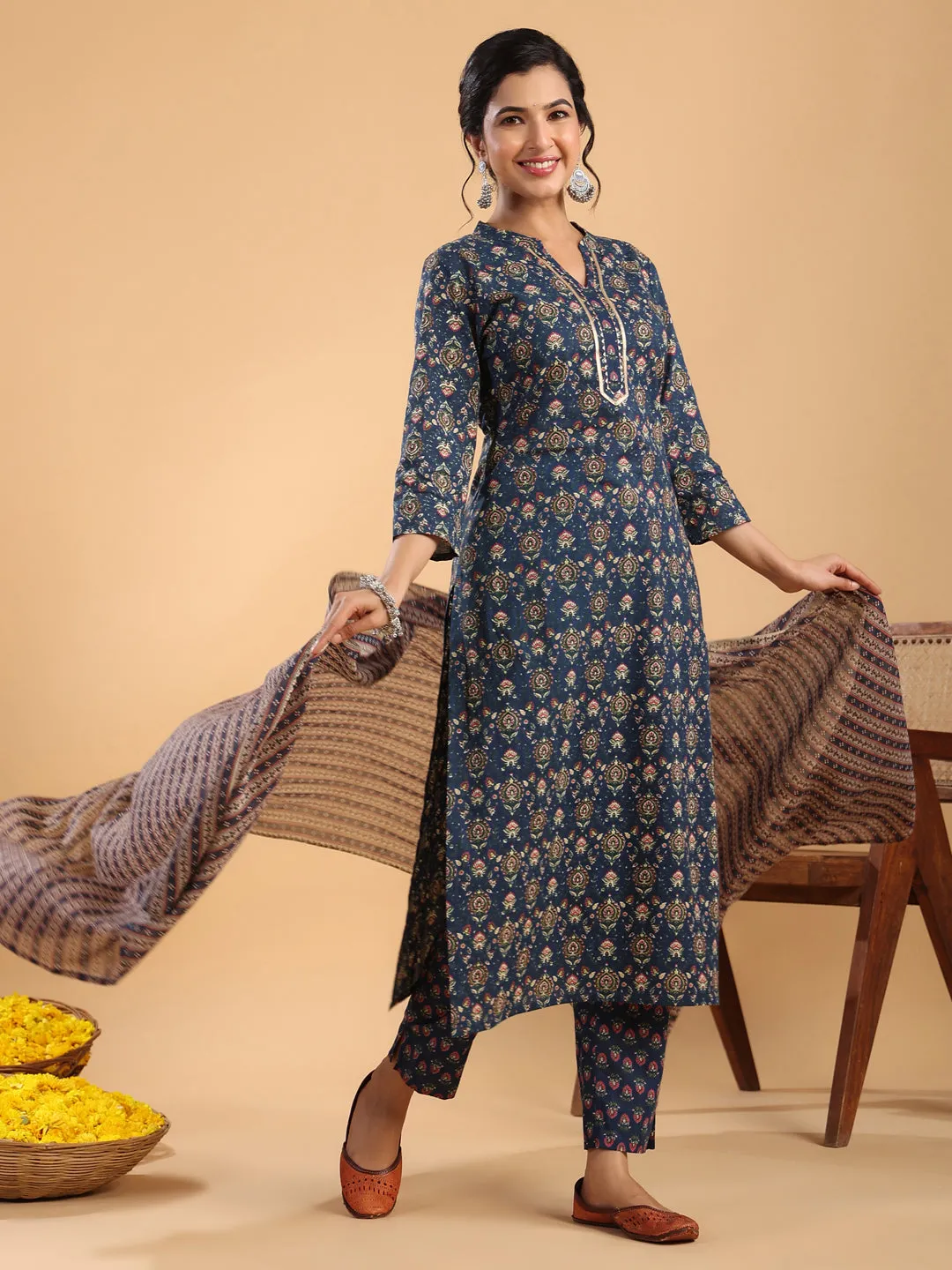 Dark Blue Cotton Ethnic Motifs Straight Kurta Set