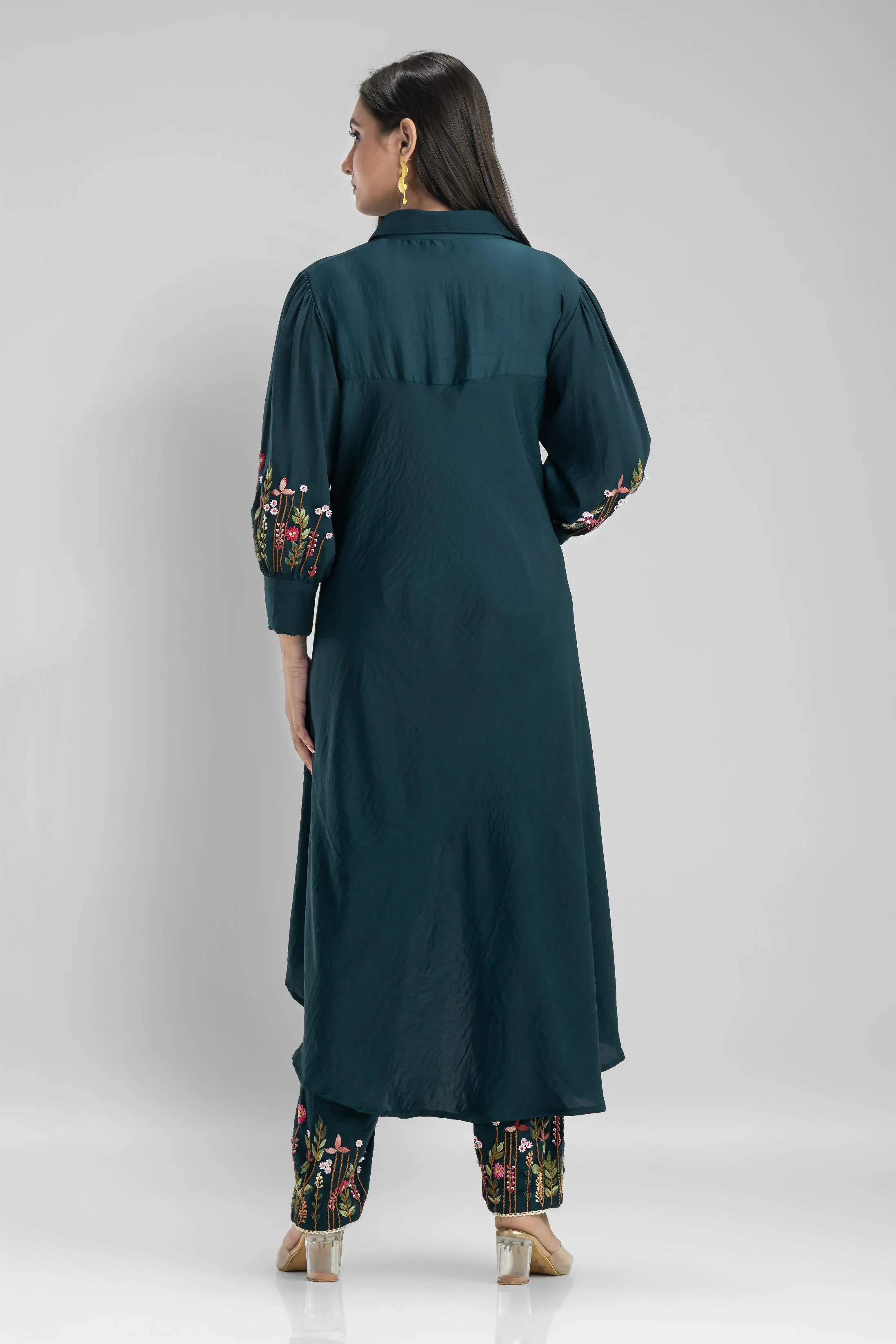 Dark Teal Embroidered German Silk Co-Ord Set