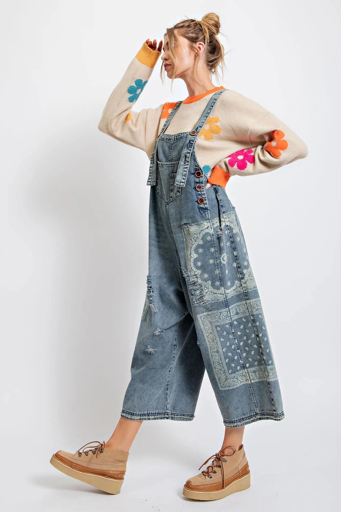 Frankie Bandana Printed Overalls in Denim