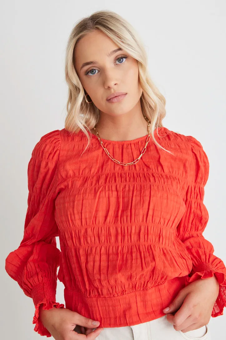 Grace Blood Orange Shirred Cotton Tie Back Ls Top