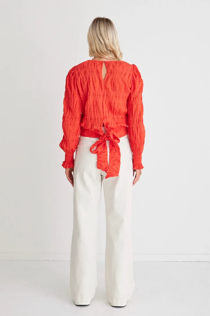 Grace Blood Orange Shirred Cotton Tie Back Ls Top