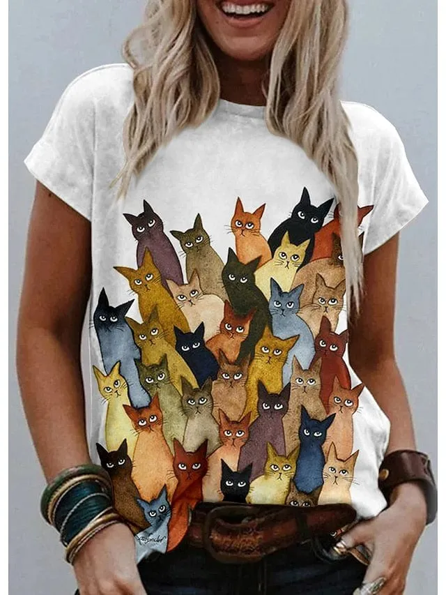 Graphic Cat Print Women's T-shirt with Shoulder Cut-outs