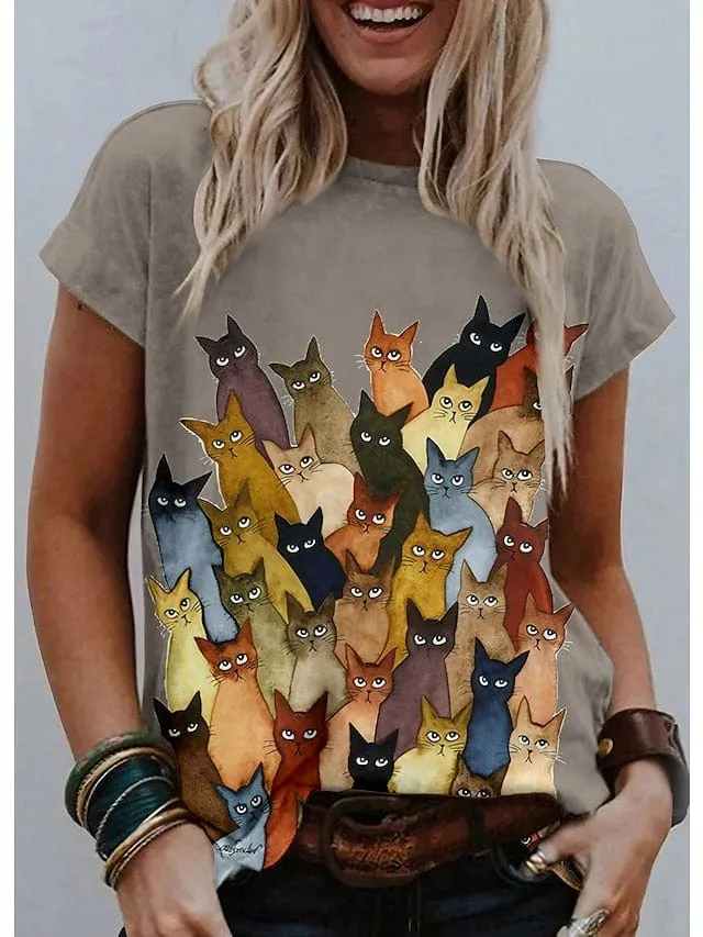 Graphic Cat Print Women's T-shirt with Shoulder Cut-outs