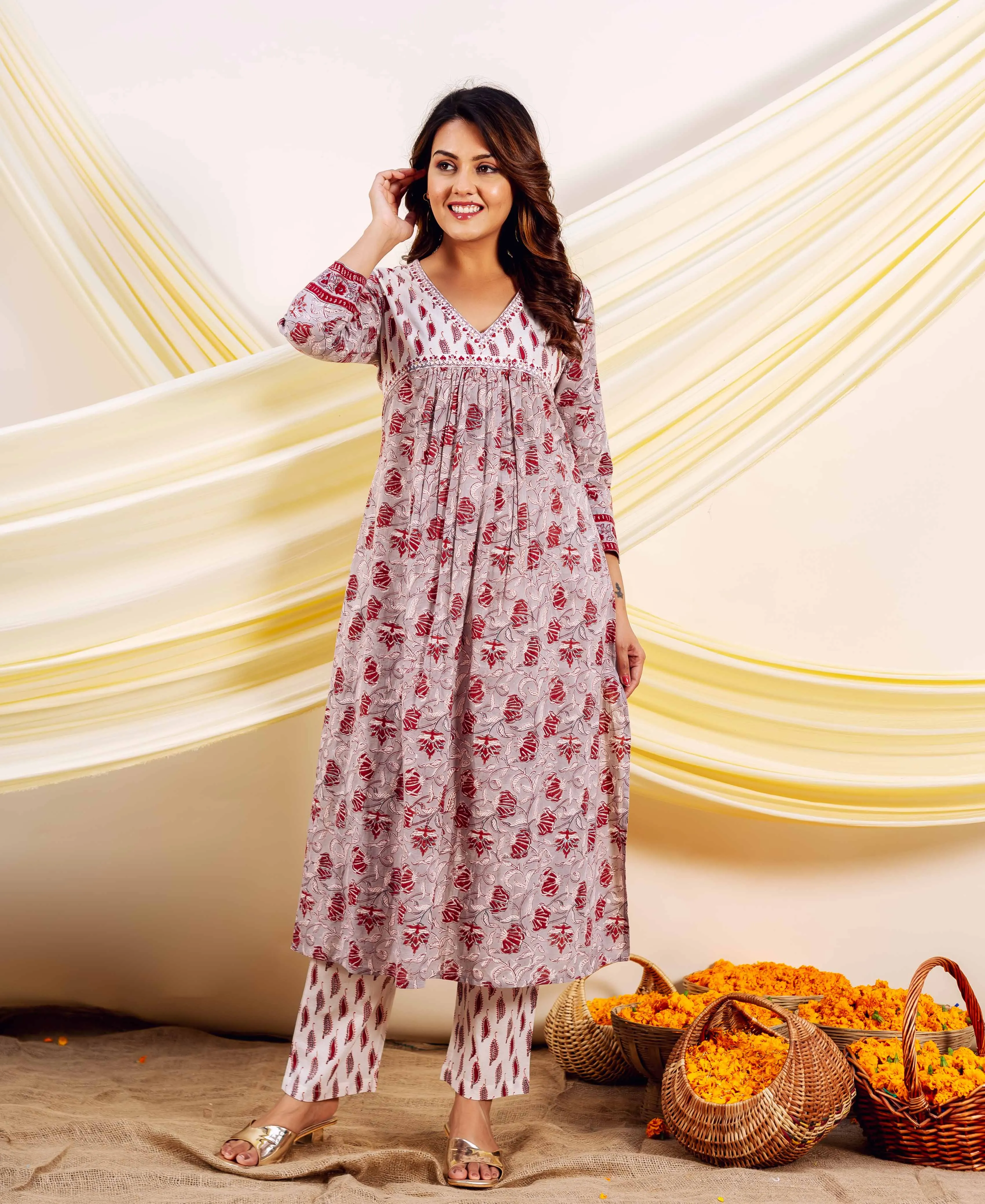 Grey and Red Naira Kurta