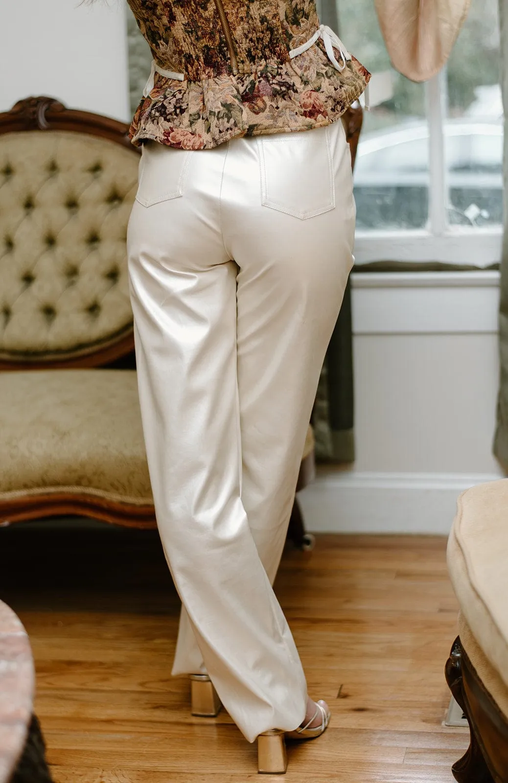 Ivory Metallic Faux Leather Pants