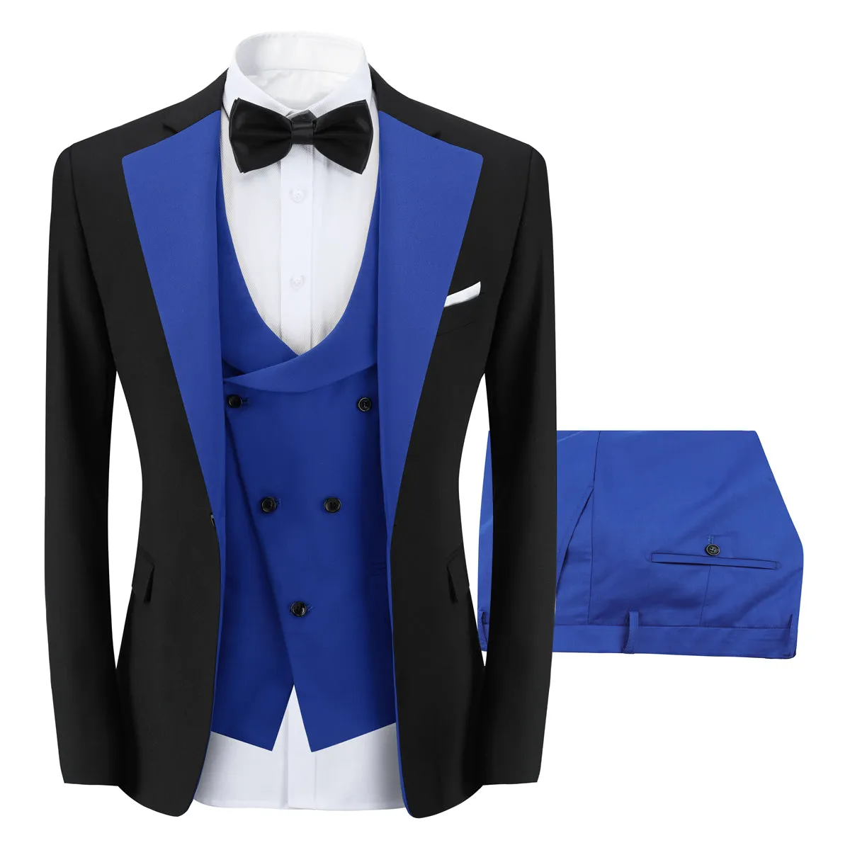 Men's 3-Piece Fashion One Button Color-Blocking Suit Blue