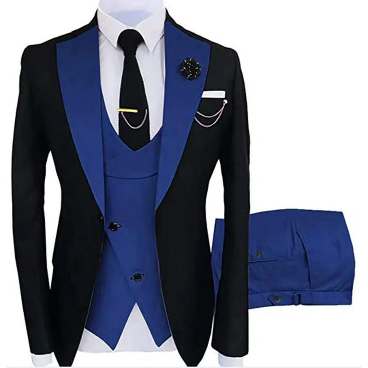 Men's 3-Piece Fashion One Button Color-Blocking Suit Blue