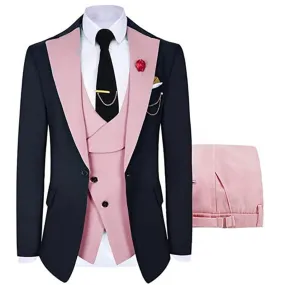 Men's 3-Piece Fashion One Button Color-Blocking Suit Pink