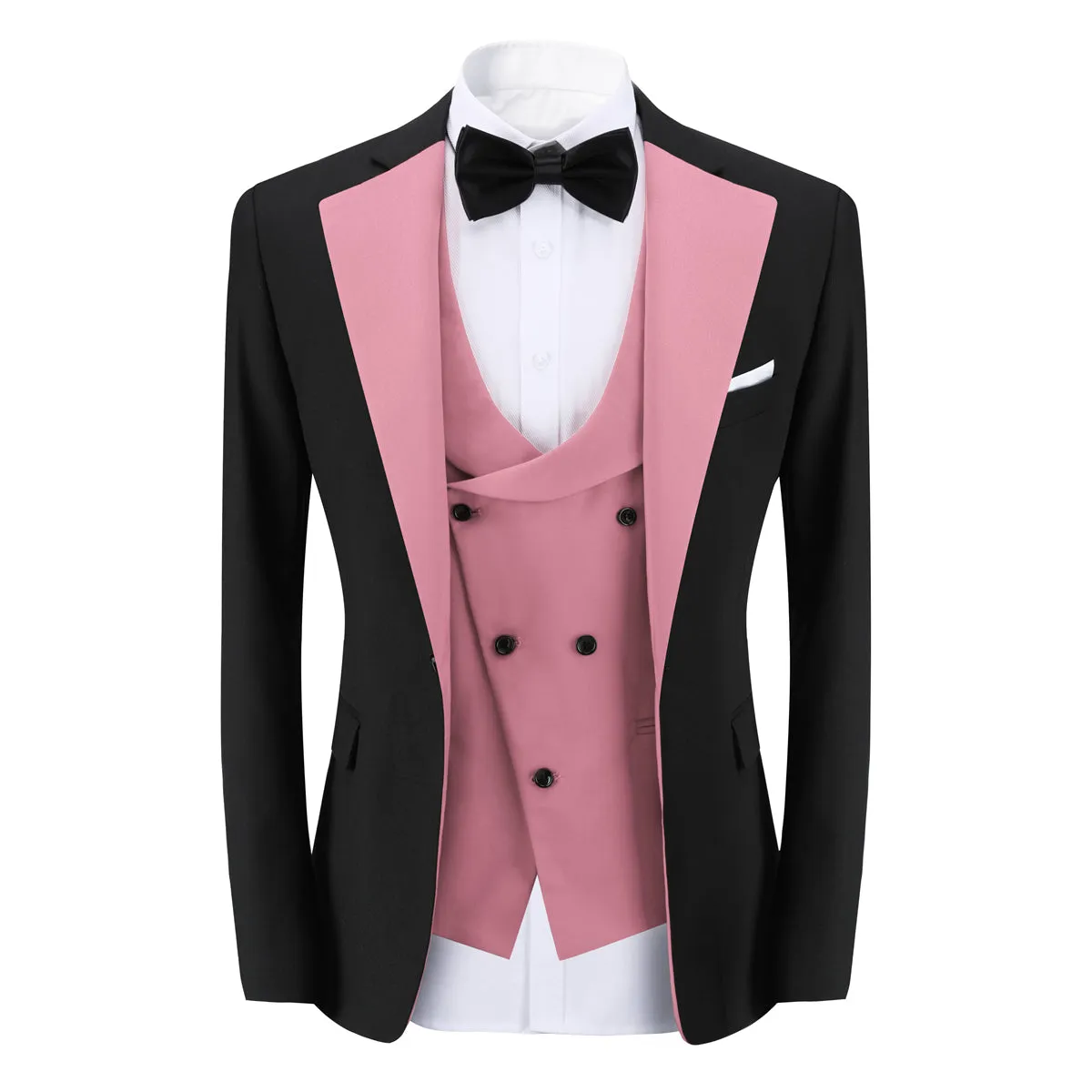 Men's 3-Piece Fashion One Button Color-Blocking Suit Pink