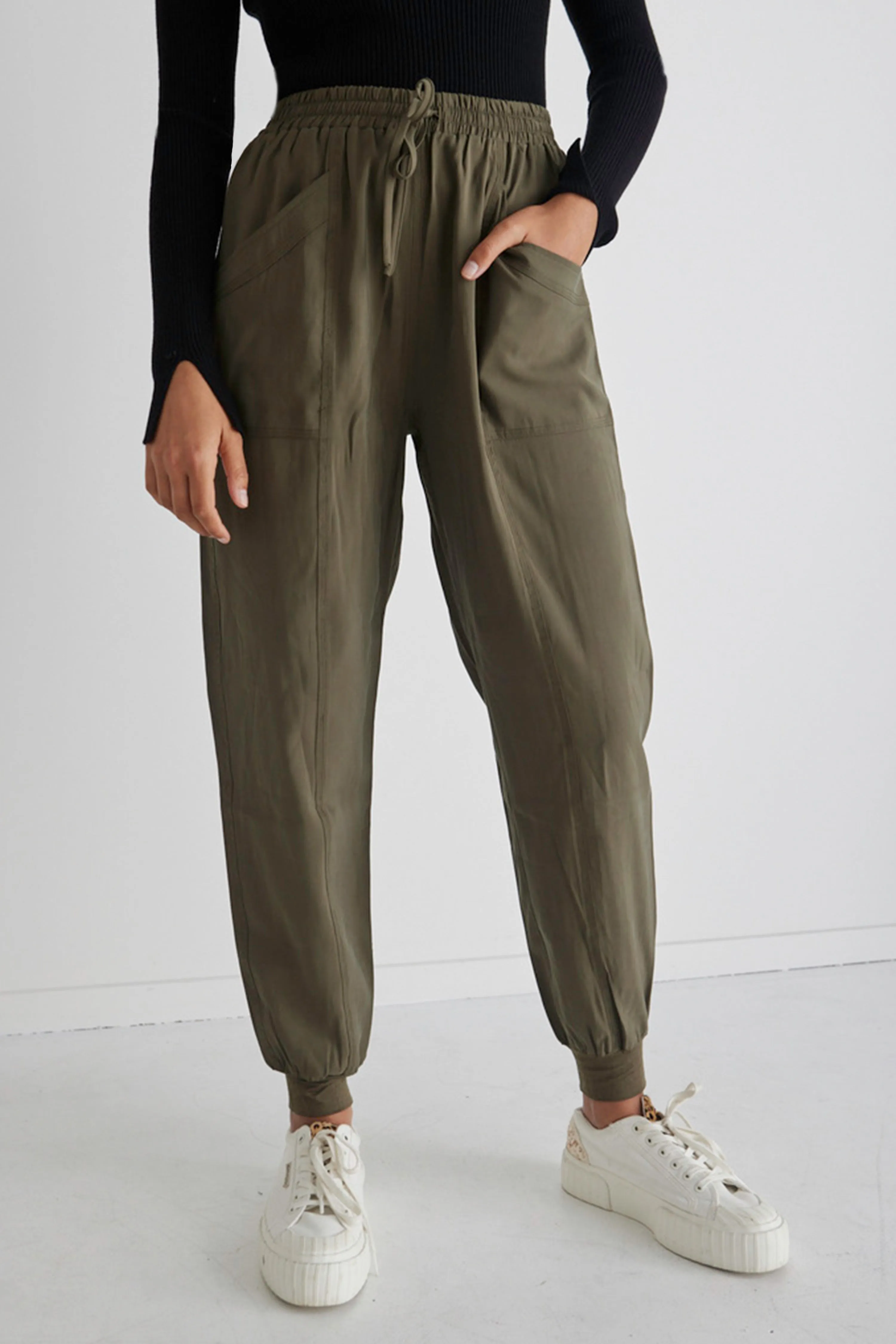 New Warrior Khaki Relaxed Drapey Drawstring Stretch Cuff Pant