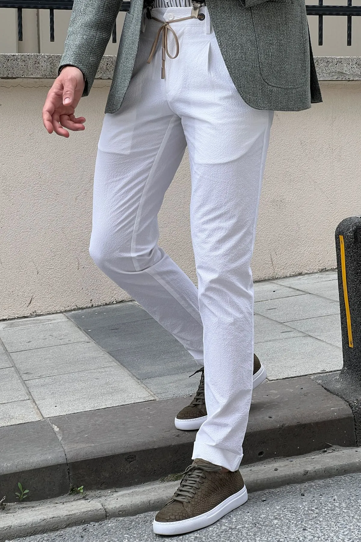 Slim-fit Self Patterned Side Pocket White Cotton Pants