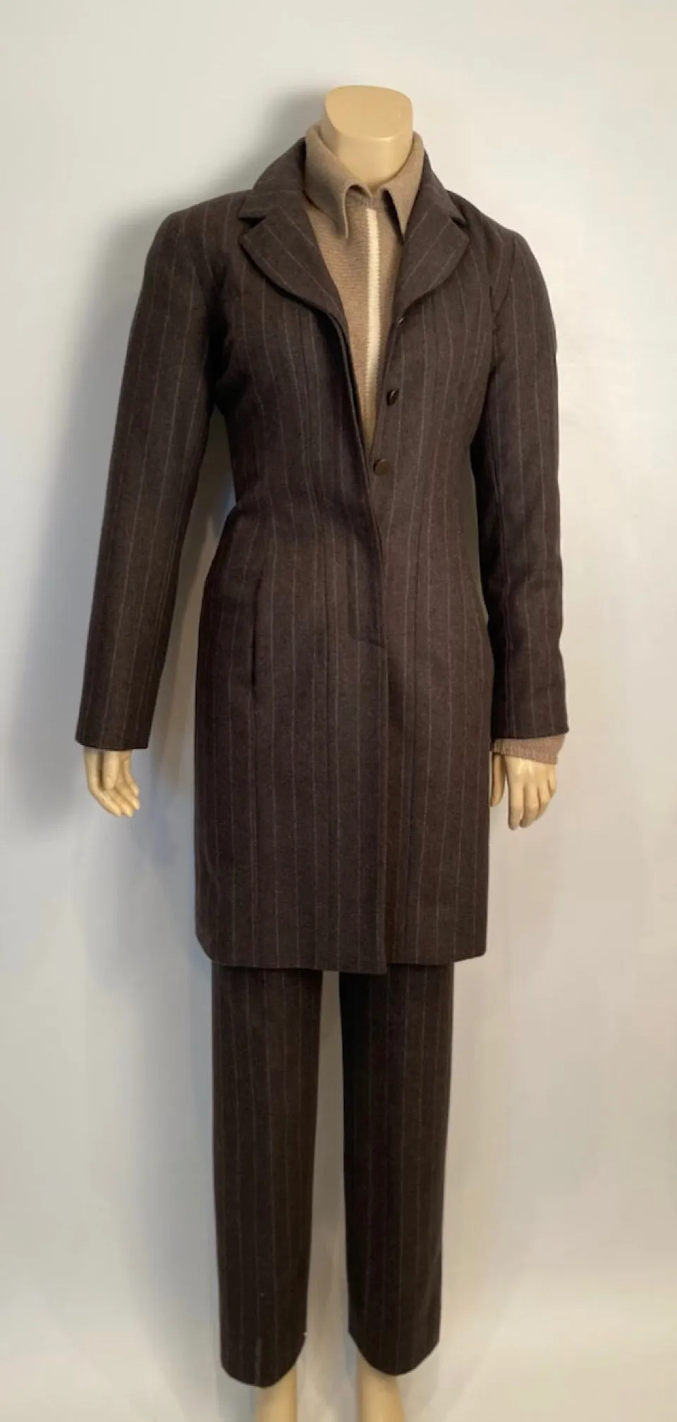 Vintage Chanel Identification 99A, 1999 Fall Gray Brown Pinstripe Pant Suit Set FR 34 US 2